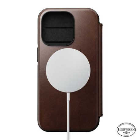 Folio Moderne Horween en Cuir Marron avec MagSafe pour iPhone 14 Pro