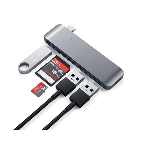 Hub 3 en 1 USB-C avec USB 3.0 et Lecteur de Cartes - Gris Sidéral